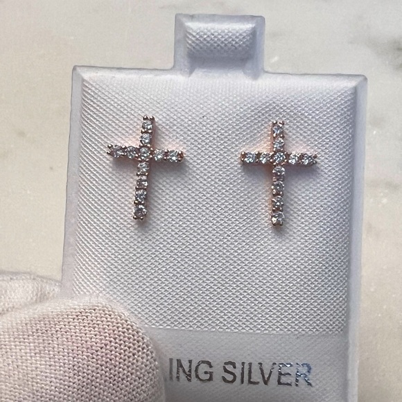 Rose GP/Sterling Silver Cz Cross Post Earrings - Picture 6 of 16